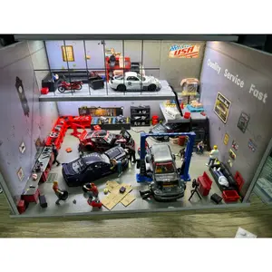 Diorama 1/64 Scale Car Garage Model LED Lighting Double-deck Repair Workshop Building Parking Lot Scene Display Model Collection Gift Toy