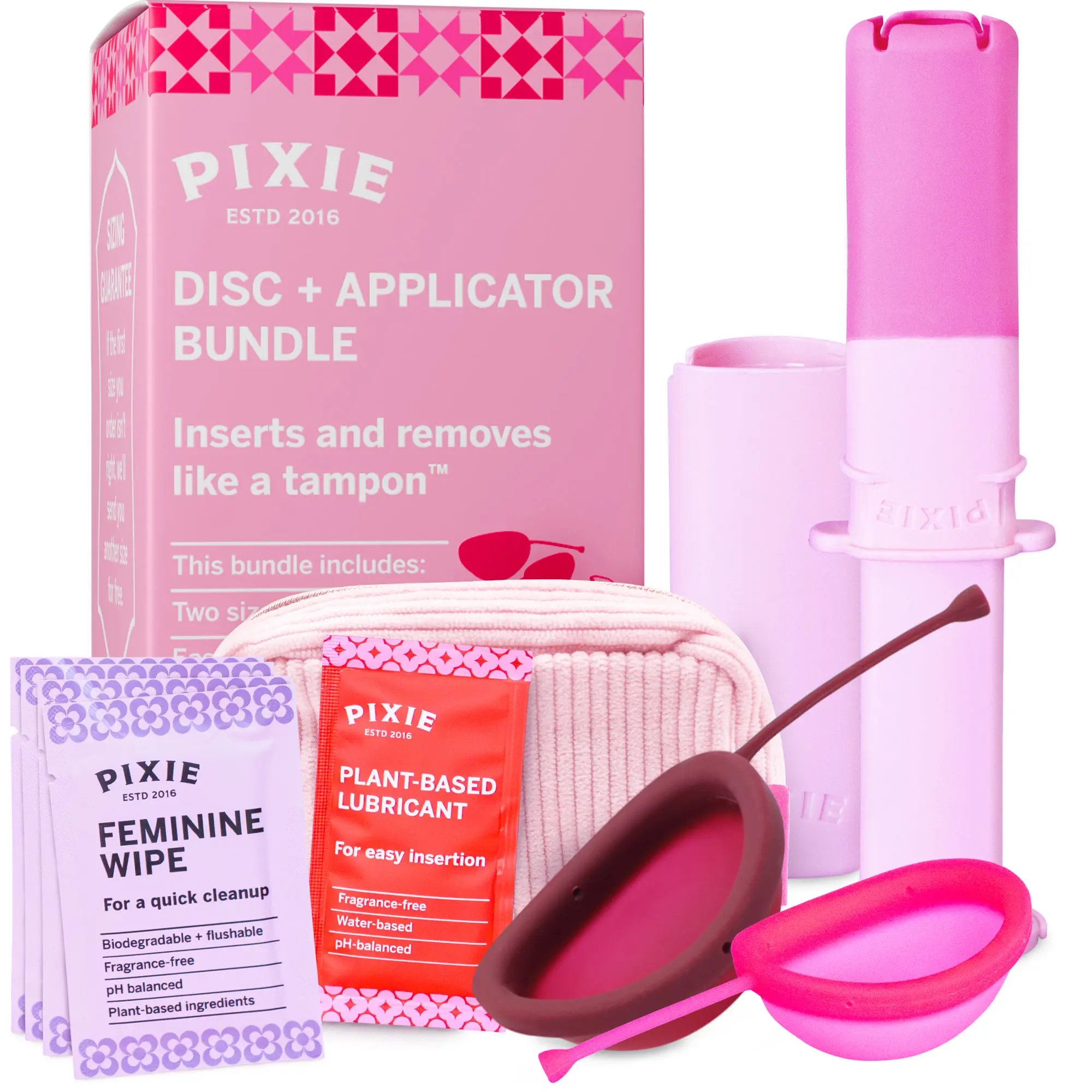 Pixie 2 Menstrual Discs and Applicator Bundle for Feminine Care - 100% Medical-Grade Silicone - Softest Reusable Period Disc - Inserts and Removes Like a Tampon - Capacity of 5 and 7 Tampons