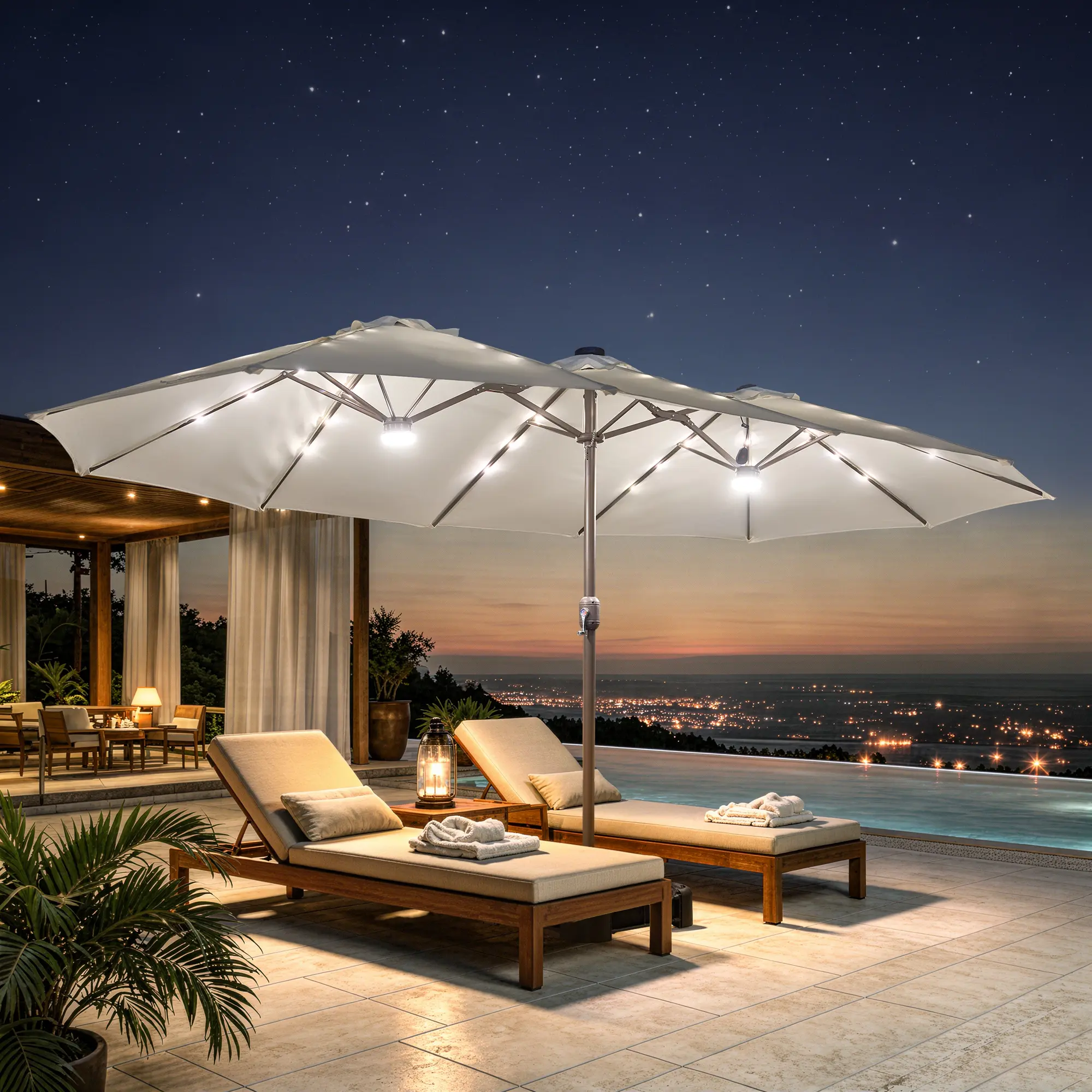 ALTRIGUS 15ft Large Patio Umbrella with Base, Double-Sided Outdoor Market Rectangle Umbrellas with 36 LED Lights, Umbrella Base (Stand) Included for Garden, Backyard,Sand, Pool