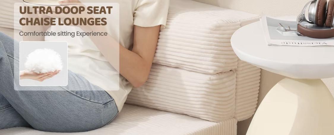 WINZOO Beige Convertible Futon Sofa Bed, Corduroy Fabric High-Density Foam Loveseat, Multifunctional Foldable Design for Living Room & Bedroom Reading Relaxation