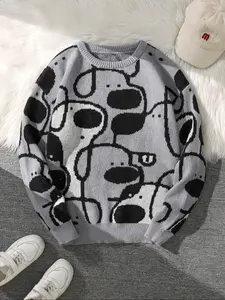 Autumn Winter Cute Dog Animal Jacquard Knitted Sweater Knitwear, Casual Round Neck Long Sleeve Fitted Pullover for Men & Women, Daily Wear Suitable for Spring & Fall