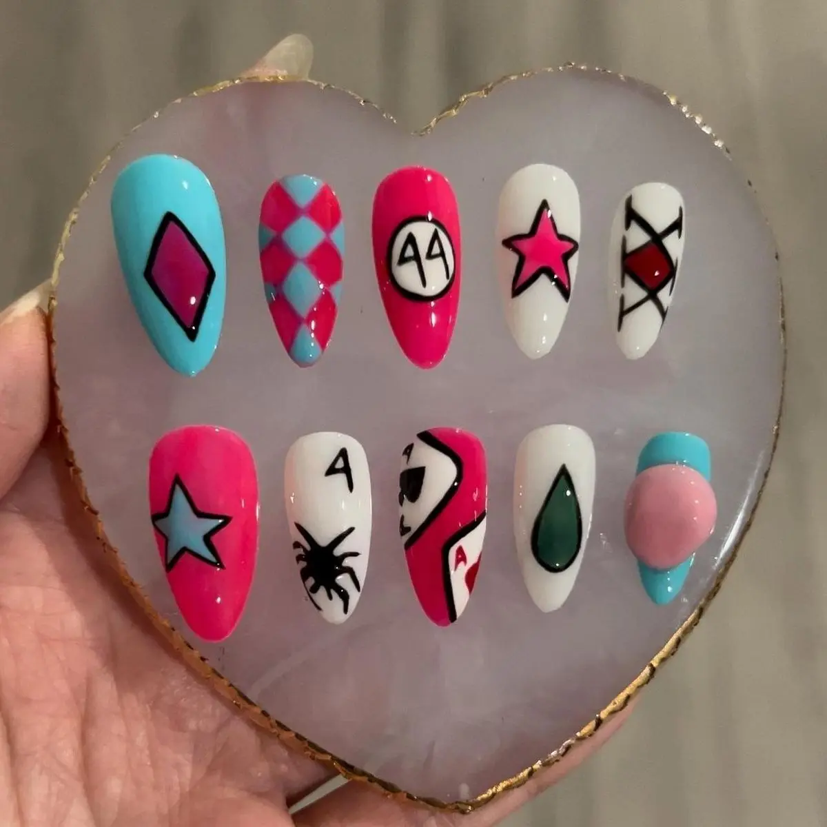 Hisoka Press On Nails | Hunter x Hunter Diamond Star Card Suit 44 Handmade Gel Anime Nail Art with Gift Set (Adhesive Tabs, Nail File, Cuticle Stick) | Reusable Fake Nails