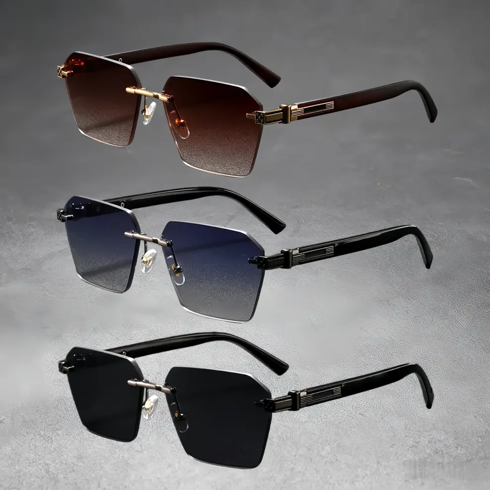 3-Pack Trendy Square Sunglasses for Men, UV400 Lenses, Rimless-Open Frame Look, Gradient-Dark Tints, Gold-Toned Aesthetic Design - Men's Accessories, Festive Party Supply (Home & Party Supplies Category), Dark-Lensed Men's Sunglasses