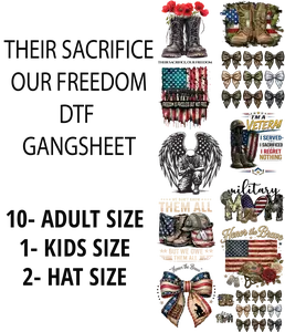 Their Sacrifice Our Freedom DTF Gangsheet for Shirtmaking Military Designs Adult Sizes Honor the Brave