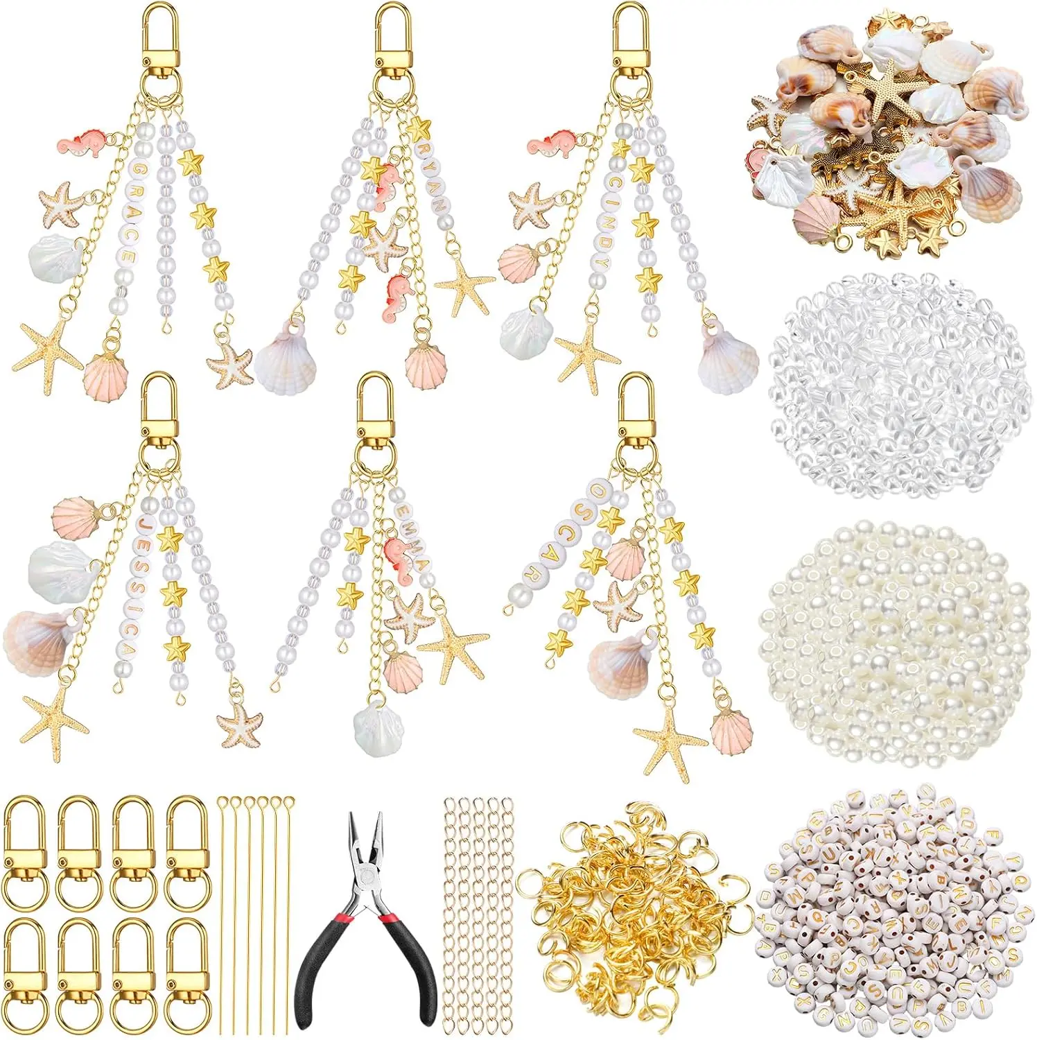 776-Piece Beach Seashell DIY Kit for Bag Charm & Keychain Making, Pink Gold Sweet Style Ocean Coastal Craft Set with Letter Beads, Pearl Beads, Charms, Clips, Pliers for Backpacks, Purses