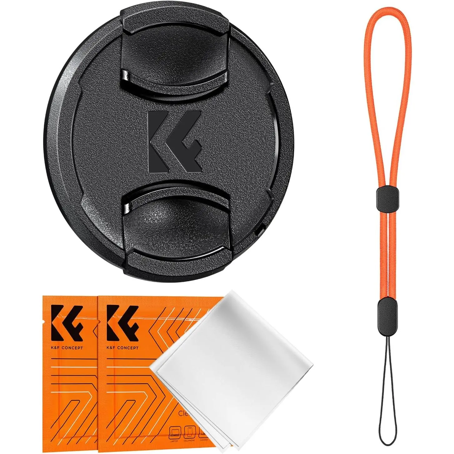 K&F Concept 37mm Durable ABS Plastic Snap-On Lens Cap Complete Kit for Digital Camera - 4-in-1 Center Pinch Cap, Anti-Loss Keeper Leash, Microfiber Cloth (Nikon, Canon)