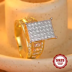 S925 sterling silver women's wedding ring, luxurious full inlaid with cubic zirconia, fashionable square, electroplated gold color separation design, suitable for daily wear/wedding/party.