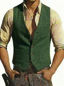 Men's Vintage V-Neck Tweed Suit Vest - Casual Wool Waistcoat for Weddings Groomsmen & Daily Menswear Tops Wetsuit Beige Brown Plain Sleeveless Vneck