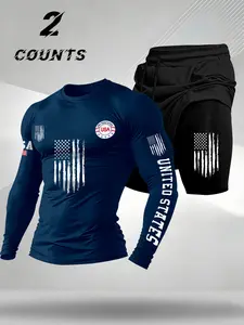 Men's Sporty Fitted Long Sleeve Top & Double-Layered Shorts Set, Usa Flag Letter Print, Stretch Quick-Dry Breathable, Outdoor Running Fitness
