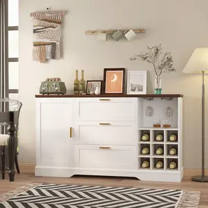 63 Inch Farmhouse Sideboard, Buffet Cabinet with Drawer Adjustable Shelves,Kitchen Island with Door-Back Rack for Snacks,Coffee Bar Buffet with Wine Racks Storage for Kitchen Entryway, White/Walnut(2 Packages)