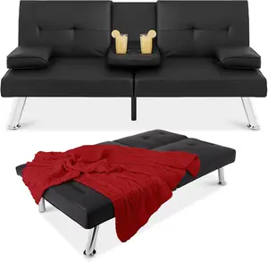 Convertible Futon Sofa Bed with Metal Legs & 2 Cupholders, Modern Faux Leather Upholstered Couch Loveseat Sleeper, Folding Couches , Removable Armrests for Small Spaces Living Room Adjustable Home Design Convenience