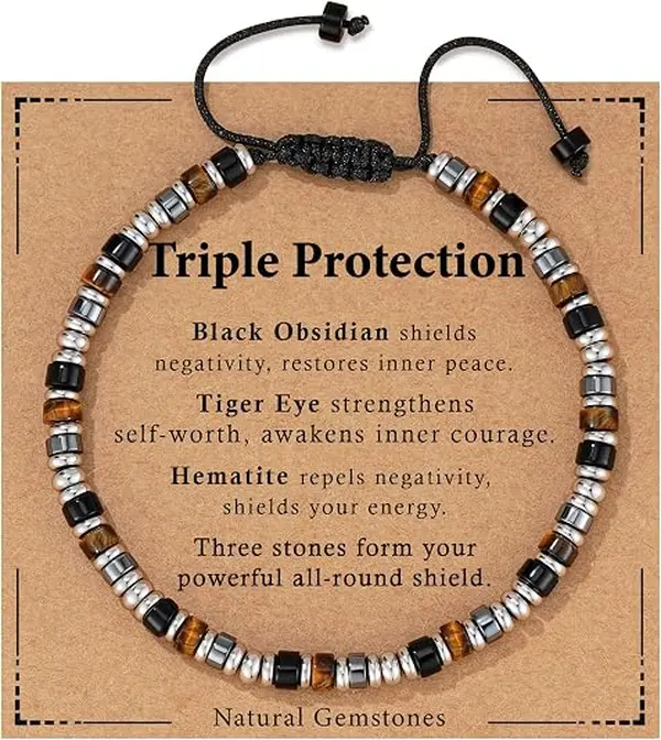 Men's Adjustable Natural Stone Beads Bracelet - Tiger Eye, Black Obsidian, Hematite Beads with Silver-Tone Spacers, Handmade Sliding Knot, 6.3-11.4 in, Hypoallergenic Jewelry for Everyday Wear, Masculine Look Gift