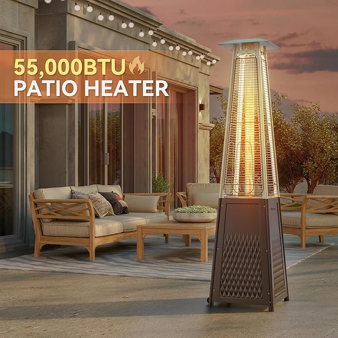 55,000 BTU Outdoor Patio Heater with Wheels and Cover, Glass Tube Propane Pyramid Heater, Anti-Tilt Safety Device, Outdoor Heater for Home and Commercial
