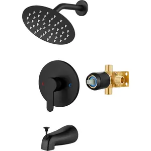 Shower Faucet Set with Tub Spout, Complete Bathtub Faucet Set, Round Rainfall Shower Head, Tub and Shower Trim Kit with Solid Brass Rough-In Valve, 6 Inch Matte Black