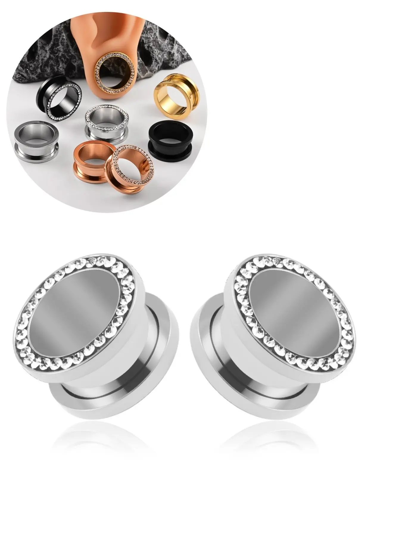 Vanku 2PCS Band Drill Ear Gauges 316 Stainless Steel Ear Tunnels | Rhinestone Decorated Bling sparkle Friendly Hypoallergenic Expander Stretchers for Women， wearable in all seasons.