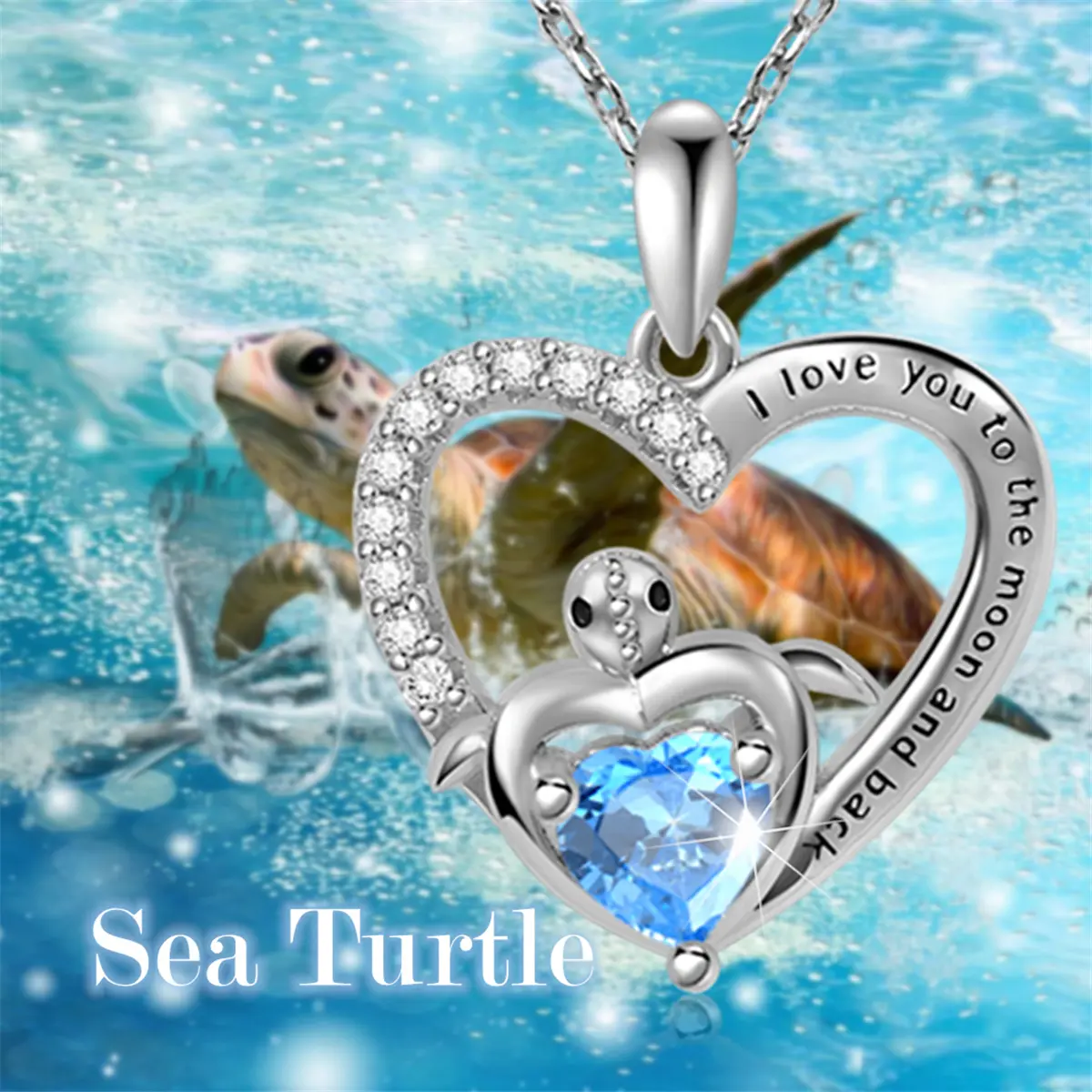 Women's Heart-Shape Turtle Pendant Necklace, Elegant Ocean-Style Blue Crystal with Stainless Steel Chain, Anniversary Gift for Wife or Daughter