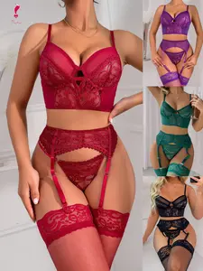 Five piece set of sexy lingerie elegant, romantic, hot and tempting, with a pair of stockings and lace comfortable women's sexy lingerie set as a gift garterbelt sensual sheer teddy bra adjustable  Halloween