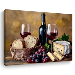 Room Decoration 1 Piece Farmhouse Wooden Frame Fabric Art - Wine, Cheese, Bread, Grapes, and Glass Art - Men's Party Decoration - Fabric Art Prints for Entryway, Bedroom, Kitchen - Unique Christmas Gift Idea, 29.97x 39.88cm