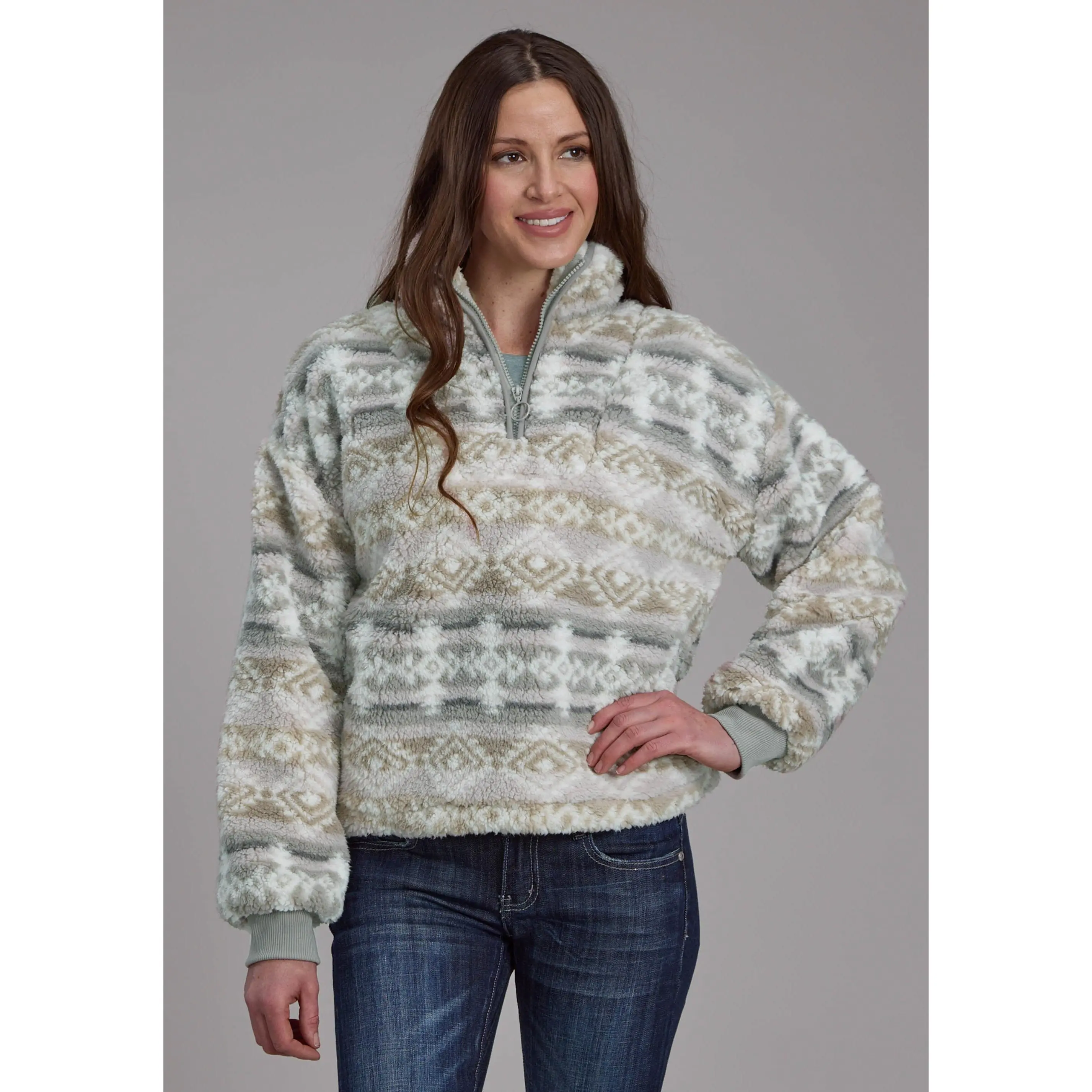Womens Taupe Gray Fuzzy Aztec Polar Fleece Zipper Jacket