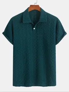 Men's Solid Jacquard Button Front Half Placket Knitted Polo Style Shirt, Regular Fit Casual Breathable Short Sleeve Collared Top for Summer, Men's Clothes for Daily Wear, Collared Polo Shirts