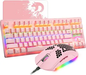 Pink Mechanical Gaming Keyboard Blue Switch Mini 87 Keys Wired Rainbow LED Backlit Keyboard Professional Lightweight Gaming Mouse Gaming Mice Pad for Gamers and Typists