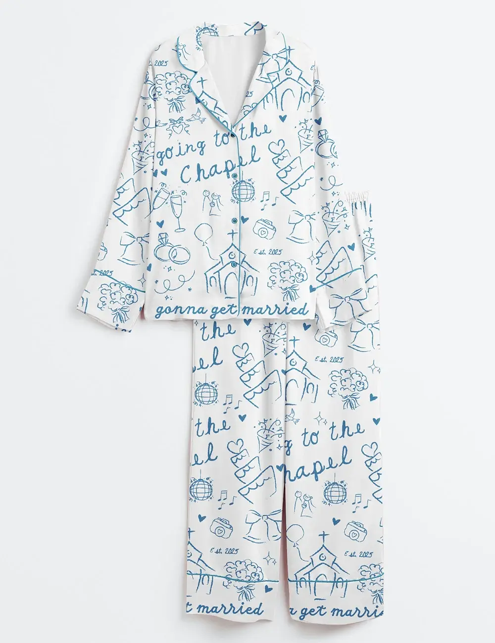 Women’s Going To The Chapel Gonna Get Married Bachelorette Bride Wedding Art Print Long Sleeve Satin Pajama Set #PersonalizedPjs #BambooPajamas #MatchingSets #VintageVibe #PajamaCore