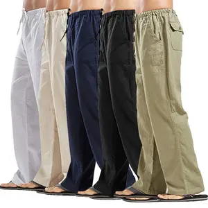 2025 Men's Linen Loose Large Solid Color Pocket Casual Pants Linen Pants Set