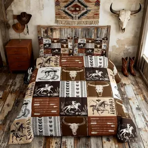 Western Cowboy Comforter Set,Southwestern Aztec Country Horse Bedding Set,Rustic Ranch Retro Animal Down Comforter for All Seasom,No Sheets