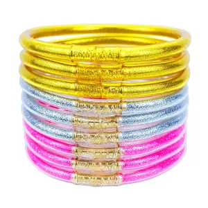 9-Piece Glitter & Jelly Bracelet Set-Glitter Jelly Bracelets Set Gold Filled Silicone Bracelet Layered Sparkling Bangles for Women,Sparkle & Shine Your Way!bull ring stamped bracelets