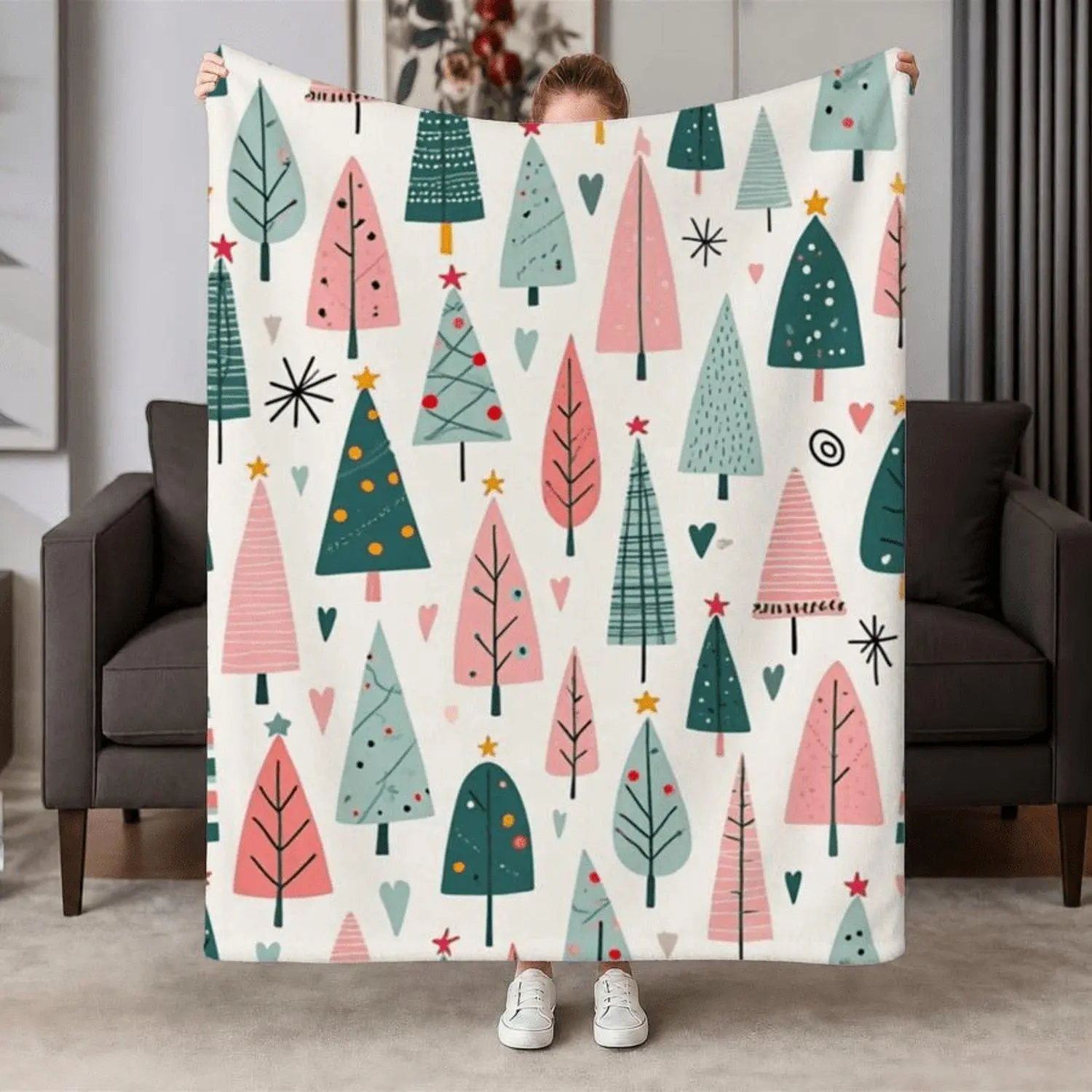 Pastel Christmas Tree Flannel Throw Blanket - Soft, Warm & Festive Hand-Drawn Design with Stars And Hearts Ideal for Couch, Bed, Office & Travel Perfect Holiday Gift for Friends & Family Machine Washable 2D Flat Weighted Blanket 280GS