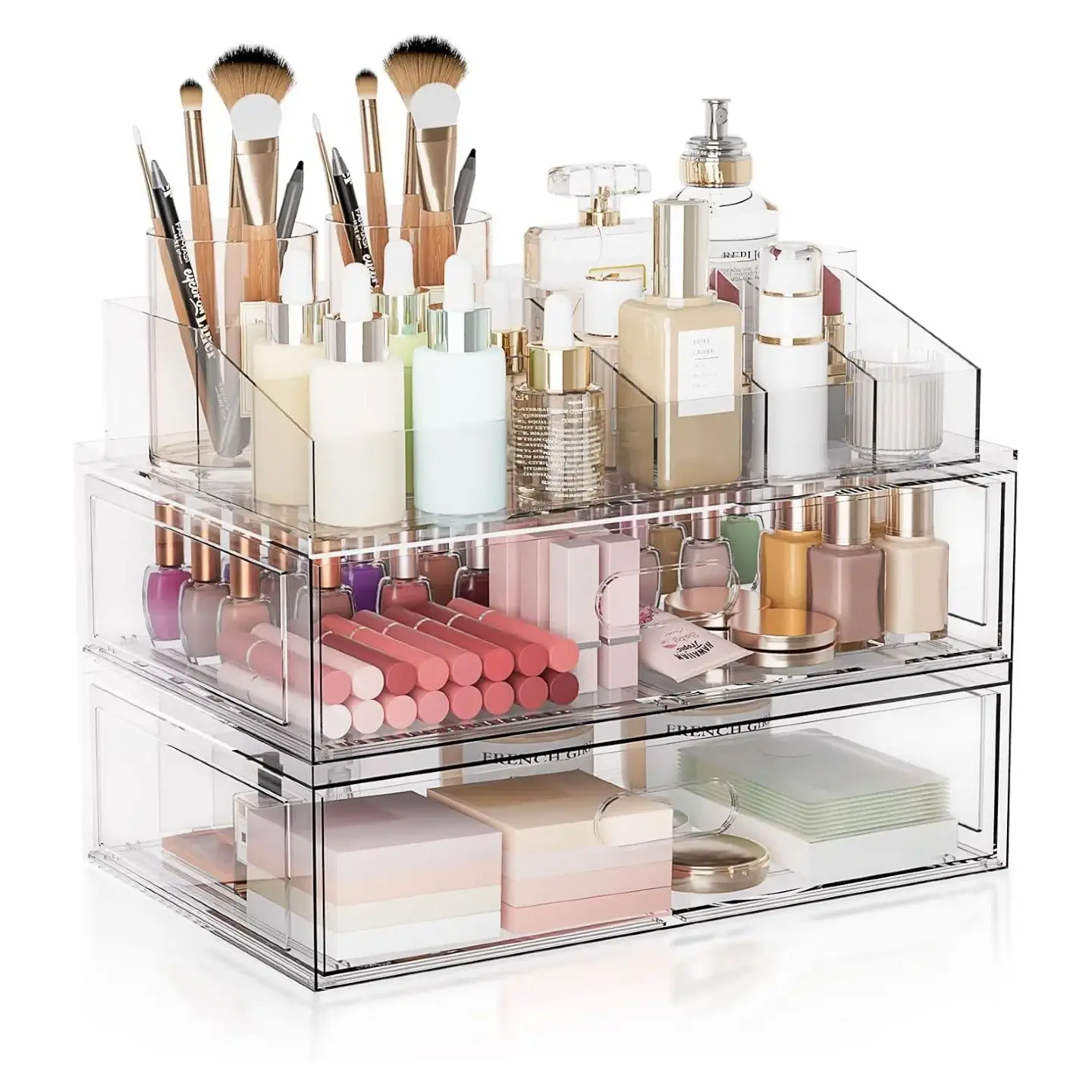 Clear Acrylic Makeup Organizer with DrawersStackable Cosmetic Storage Case for Vanity Bathroom &Countertop Display Organize Lipstick Brushes SkincarePerfume Multi-Use Beauty Holder Crystal Silicone BoxesTransparent Bin Slide
