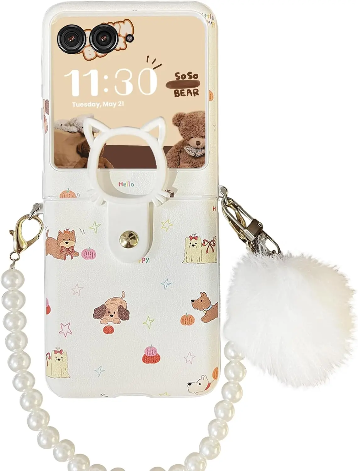 Moto Razr 2024/2025/2026 Shockproof Hinge Protection Case, Cute Puppy Pattern Design with 2 Chains & Hold Ring for Motorola Flip Phones