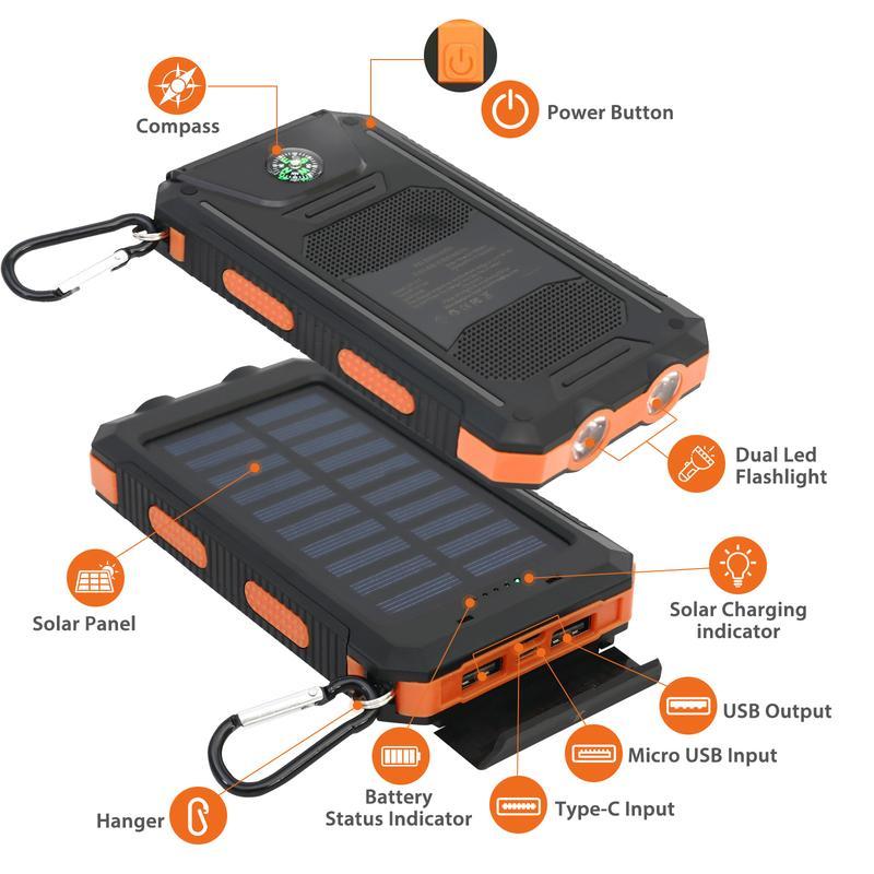 Solar Charger Power Bank 10000mAh Solar Phone Charger, Portable Charger Fast Charger Dual USB Ports Built-in LED Flashlight and Compass, IP65 Waterproof Portable Power Bank for Outdoor Activities-IP65 Waterproof Outdoor Phone Charger