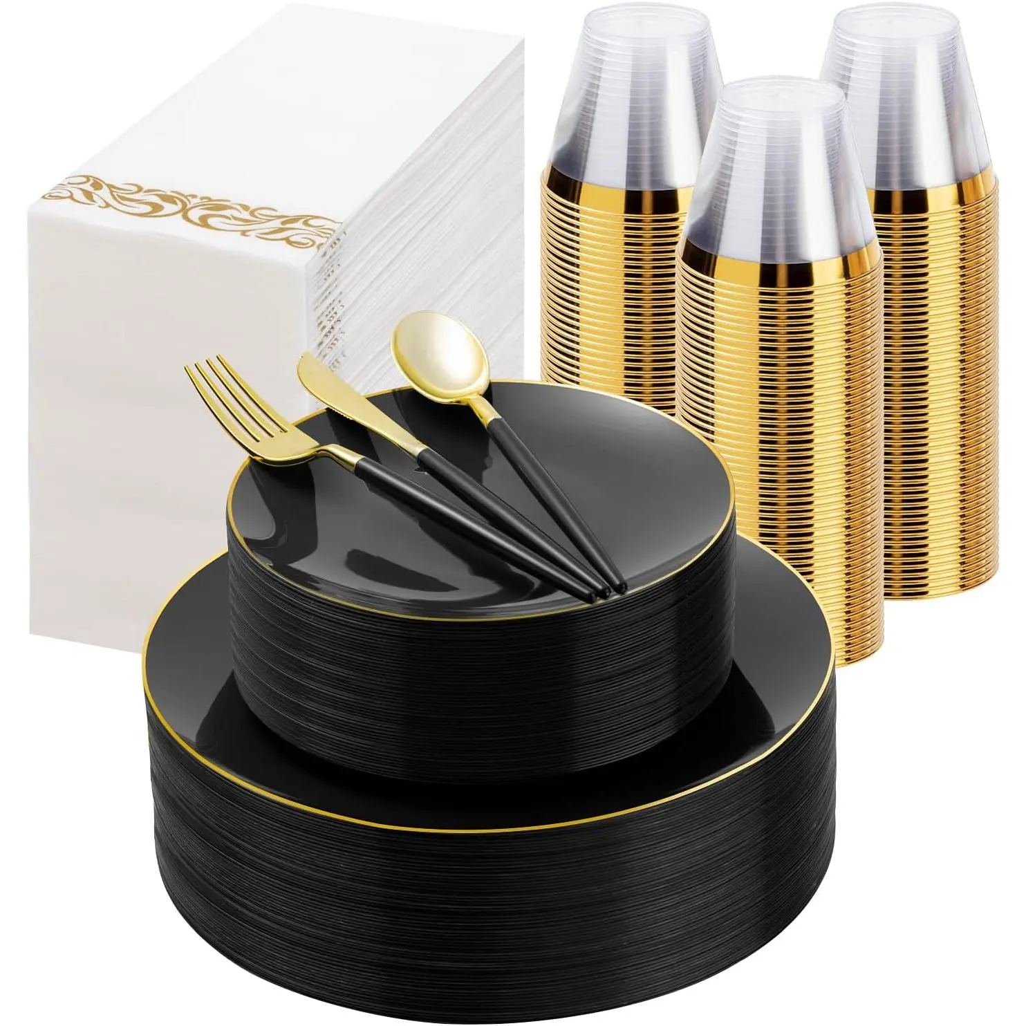 Black Gold Solid Disposable Dinnerware Set (350 Pieces, 2 Sizes) - Formal Dinner Party Supplies with 100 Disposable Plates, 150 Plastic Cutlery, 50 Napkins, 50 Cups for Wedding, Home Dining, All Ages to Eat From