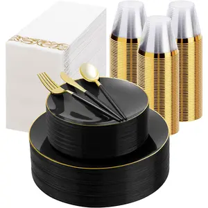 350 Pieces Black Gold Plastic Dinnerware Set, Gold Disposable Plates for Party, Include 100 Black Plates with 150 Plastic Cutlery, 50 Napkins and 50 Cups
