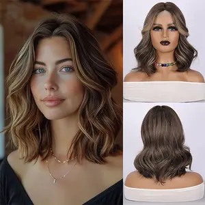 SMILCO/14Inch Highlight Gold with Brown Small Lace Front Short Wavy Synthetic Wig/SM1680