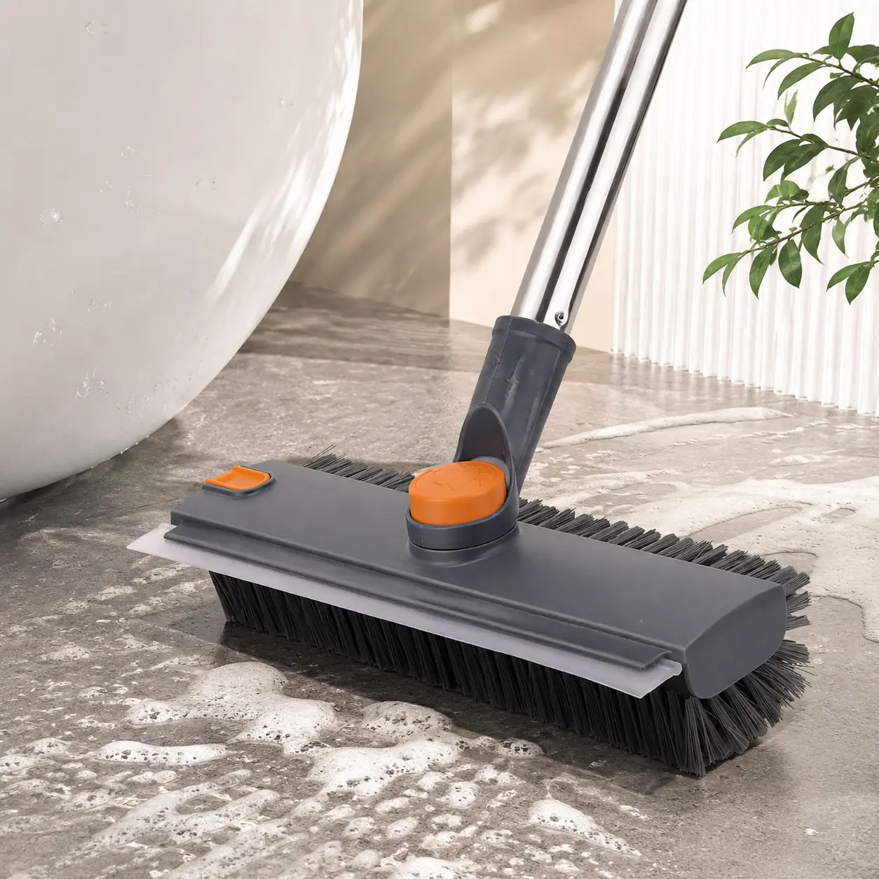 3-in-1 Floor Scrub Brush with Adjustable Long Handle, Stiff Bristles, Built-In Squeegee & Multi-Angle Rotating Head for Bathroom, Shower, Tile, Grout, Patio, Garage, Kitchen & Deck