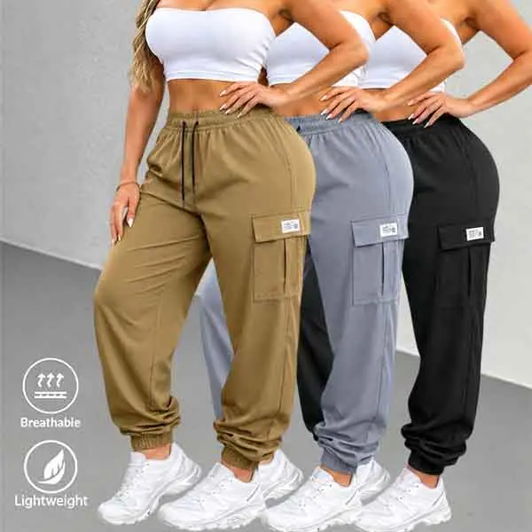 3-pack women’s plus-size sports pants with multiple pockets — lightweight summer loose fit, drawstring waist that can be adjusted, non-stretch fabric machine washable; soft, skin-friendly feel suitable for indoor workouts and outdoor activities in summer.