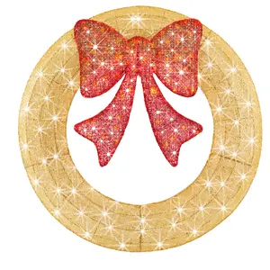 Pre-Lit Christmas Wreath, LED Lighted Holiday Outdoor Decoration with Bow for Door, Mantel, Wall, Windows, Front Door Decor, Gold Wreath