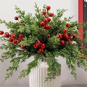 60 Pcs Christmas Artificial Pine Branches with Red Berry Stems,10.5" Faux Evergreen Norfolk Pine Cypress Leaves Stems,Fake Foliage Pine Needles Picks for DIY Craft Garland Home Decor\Suitable for holiday decoration, Halloween, wedding, Christmas tree de