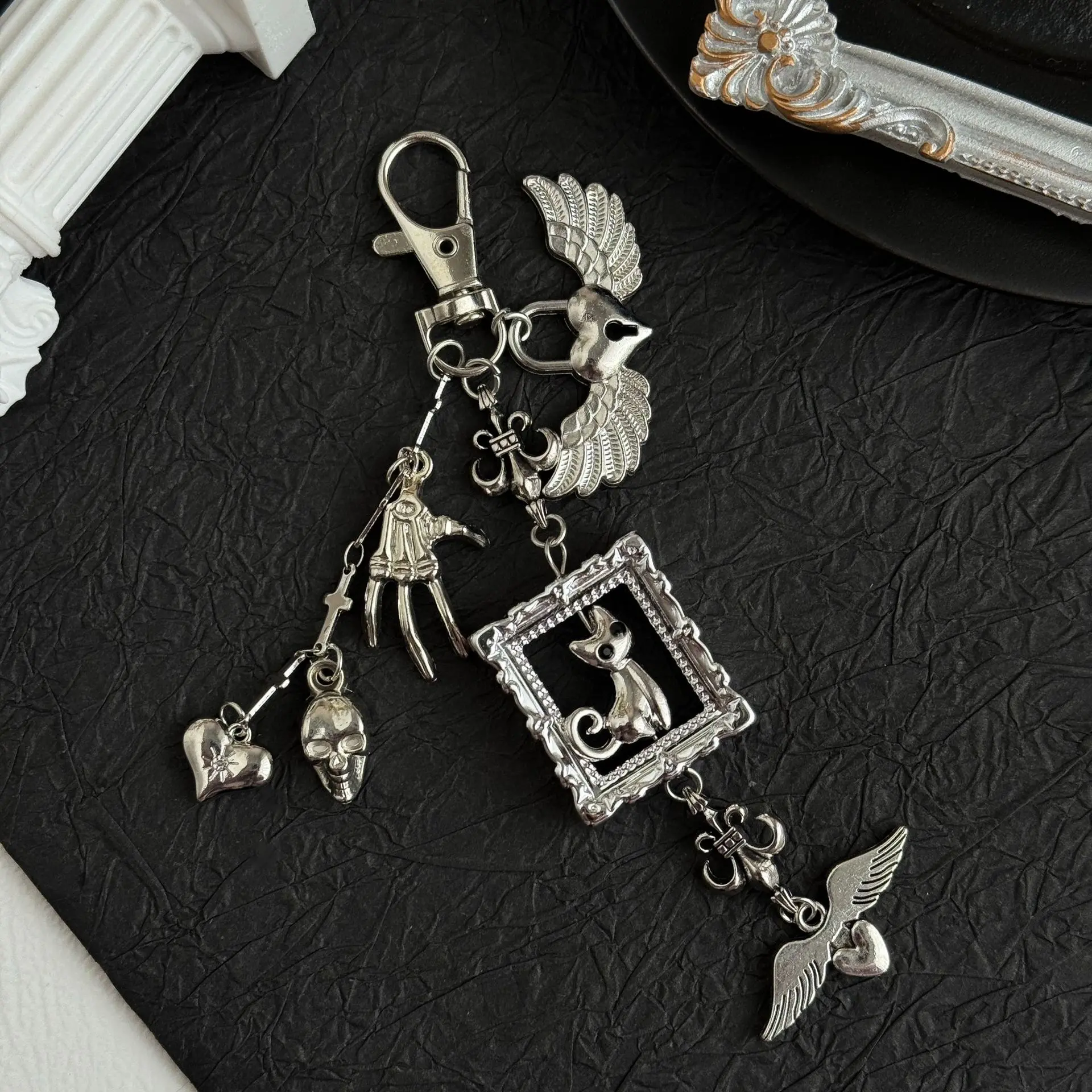Vintage Gothic Black Cat Frame Keychain Bag Charm, Multi Charms Wing Heart Lock Skull Cross Hand Pendant, Antique Silver Layered Clip On Ornament, Alt Dark Aesthetic Accessory For Backpack Purse Airpods Case