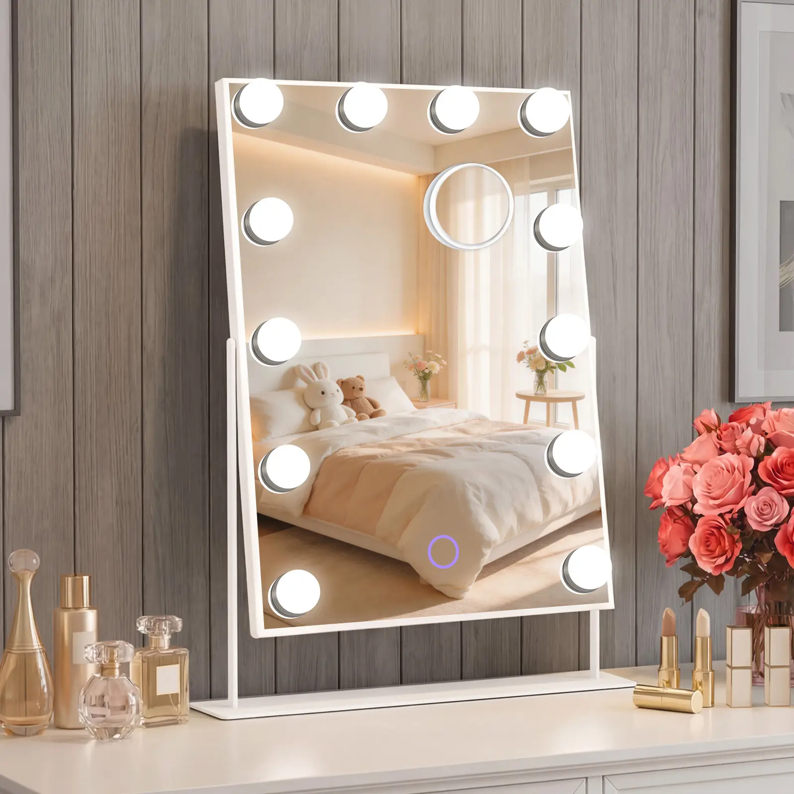 Amifiy Hollywood Vanity Mirror with Lights, 10x Magnifying, 12 LED Bulbs, 3 Color Lights and 360° Rotation, 14" x 19" Desk Lighted Makeup Mirror for Bedroom Dresser College Dorm