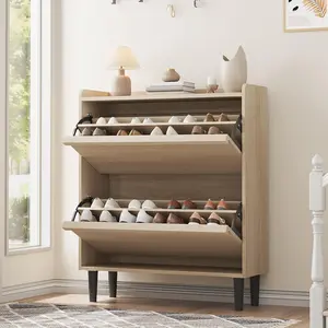 Natural Oak Wooden Shoe Organizer Storage Cabinet - Adjustable, 2 Flip Drawers, Metal Racks for Entryway, Hallway