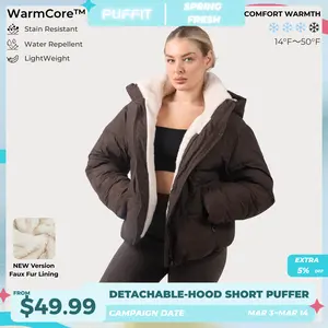 【Last Sale】PUFFIT WarmCore Premium Short Puffer Jackets with Removable Hood & Optional Faux Fur Linging, Lady Casual Outerwear Longsleeves Zip Pockets Warm Quilted Coat SpringStatements