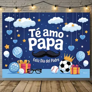 1PC 2D Flat Spanish Father's Day Polyester Backdrop Banner, Reusable "Te amo Papa" Cartoon-Style Blue Cloth, Outdoor Banners for Father's Day Party Decoration, Photo Shooting, Birthday Use