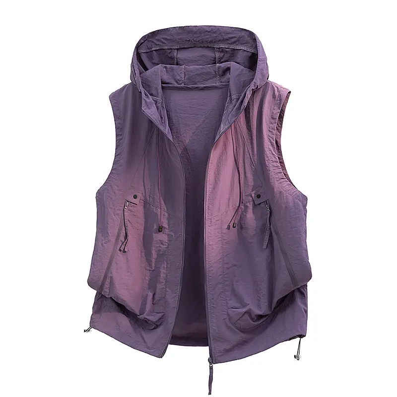 Men's Gradient Hooded Gilet, a Lightweight Loose-Fitting Nylon Top with Zippered Pockets for Outdoor Casual Wear, Vest, Foldable, H Type, Hangable, Quick-Dry Fabric, Sleeveless, Hiking / Light Outdoor, Stylish Outdoor