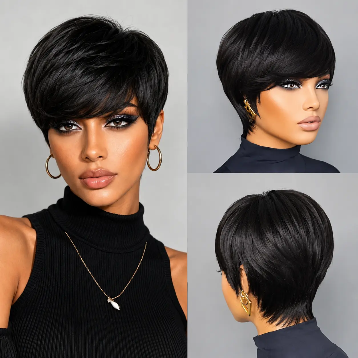 Pixie Cut Wig Virgin Human Hair Black & Highlight ColorfulWig with Bangs Full Machine ReadyTo Go Glueless Wig for Black Women, Wigs Human Hair, 100% Human
