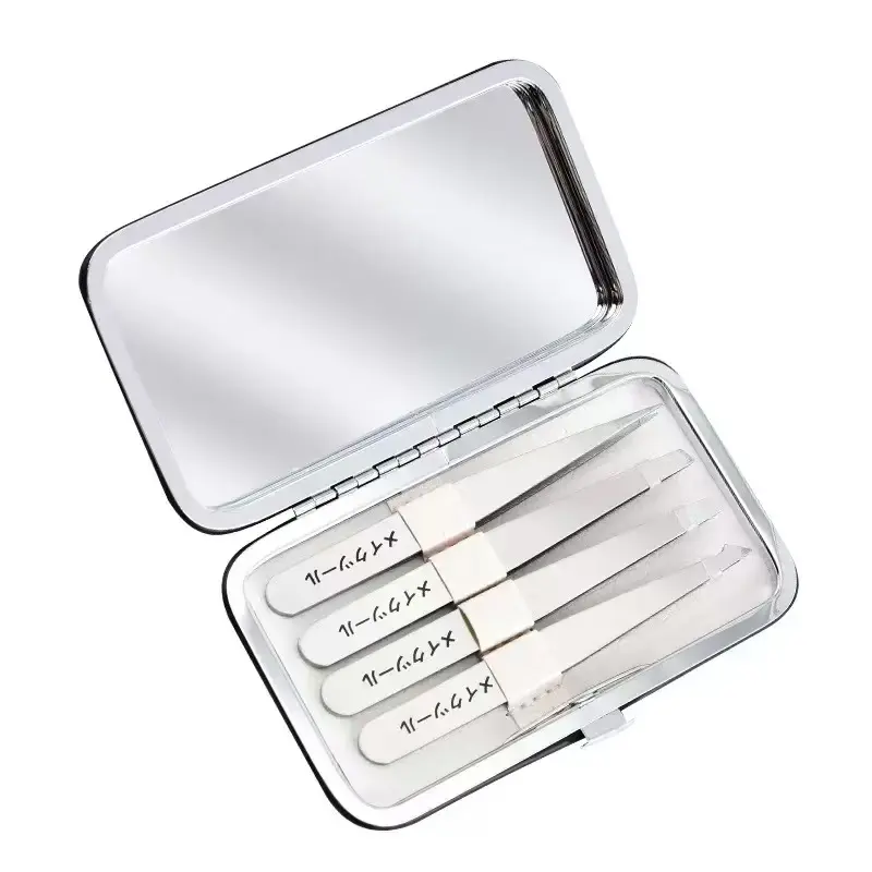 4-piece set: makeup mirror, eyebrow tweezers, stainless steel hair remover (for plucking beards), eyebrow trimming tools, and auxiliary beauty tools for applying false eyelashes