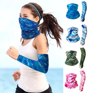 Set of 2 Camo Print Breathable Face Mask + Sporty Sleeve Cover, Multifunctional Outdoor Cycling Headband Camouflage Neck Gaiters Arm Guard