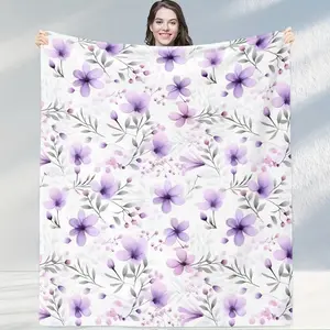 White Base Light Purple Flowers Warm Soft Floral Blanket, Full-Print Light Purple Flower Pattern, All-Season, Fits Sofa/Bedroom/Car, Ideal for Home Lovers/Students/Holiday Gifting